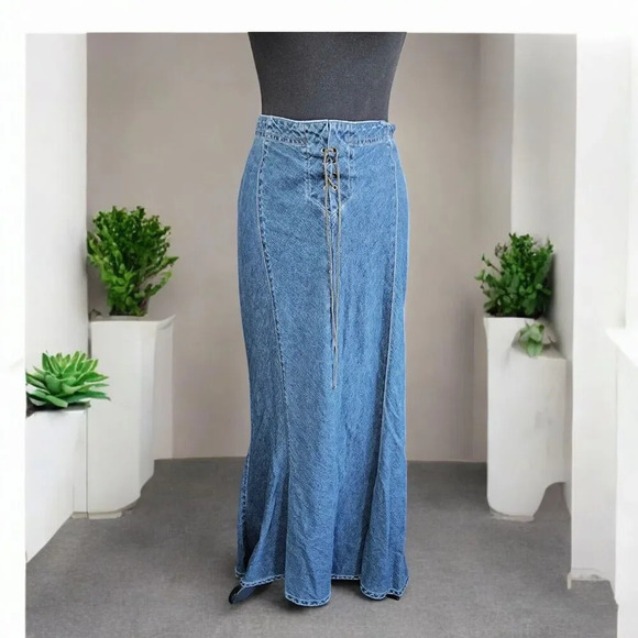 Faded Glory Dresses & Skirts - Vtg Y2k Denim Flare Maxi Skirt Sz 10 Lace Up Peasant Renaissance Boho Festival
